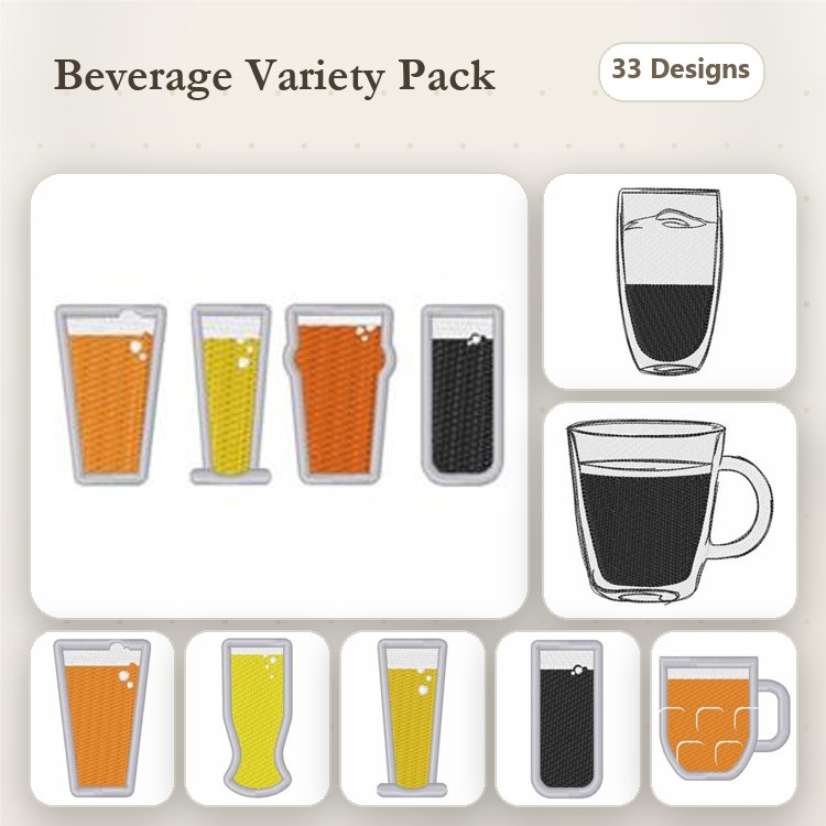 ITH Beverage Glass Embroidery Designs Bundle – Orange Beer Glass, Coffee Mug, Clear Water Glass & More (33 Designs)