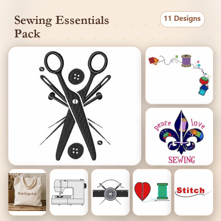 Sewing Themed Embroidery Bundle – Sewing Scissors, Sewing Machine, Thread Spool & More (11 Designs)