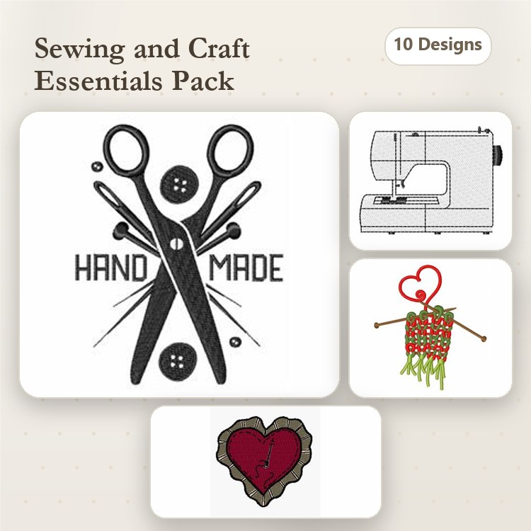 Sewing and Craft Essentials Embroidery Designs Bundle – Scissors with Buttons, Sewing Machine, Heart & More (10 Designs)