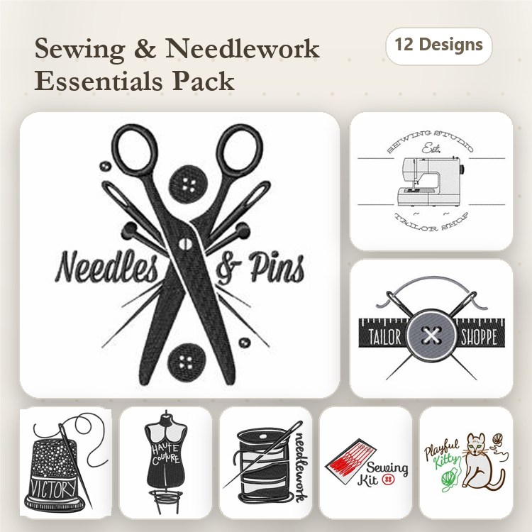 Sewing and Needlework Essentials Embroidery Designs Bundle – Scissors with Buttons, Sewing Machine, Tailor's Scissors & More (12 Designs)