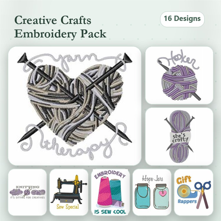 Crafting and Sewing Embroidery Designs Bundle – Yarn Therapy Heart, Sew Special Sewing Machine, Handmade with Love & More (16 Designs)