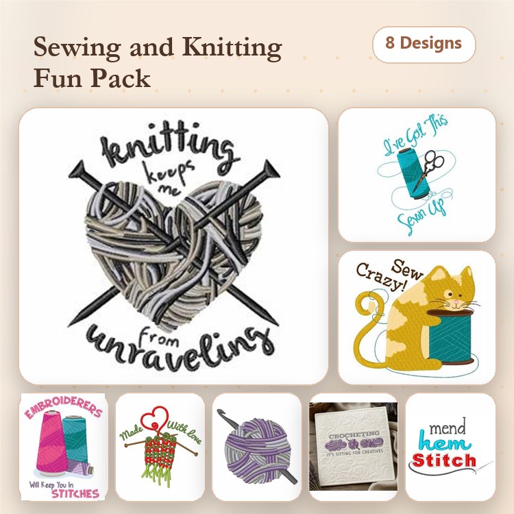 Sewing & Knitting Embroidery Designs Bundle – Knitting Heart, Sew Crazy Cat, Yarn & Needles & More (8 Designs)