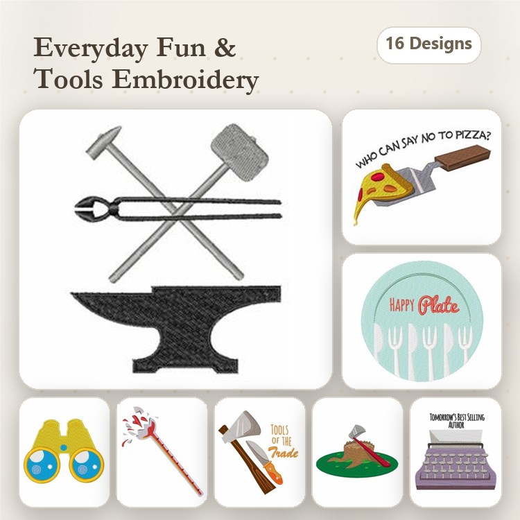 Everyday Tools & Fun Themes Embroidery Designs Bundle – Anvil with Tools, Pizza Slice, Happy Plate & More (16 Designs)
