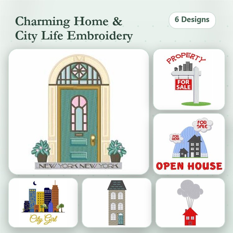 Home and City Life Embroidery Designs Bundle – Charming Door, City Skyline, Open House & More (6 Designs)