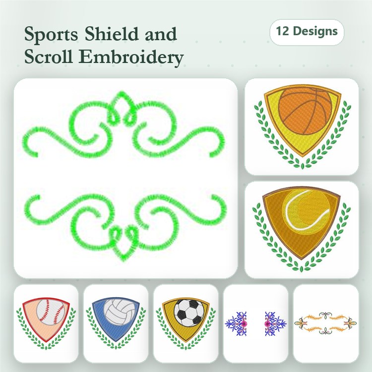 Sports Shield Embroidery Designs Bundle – Basketball, Tennis, Soccer, Volleyball & More (12 Designs)