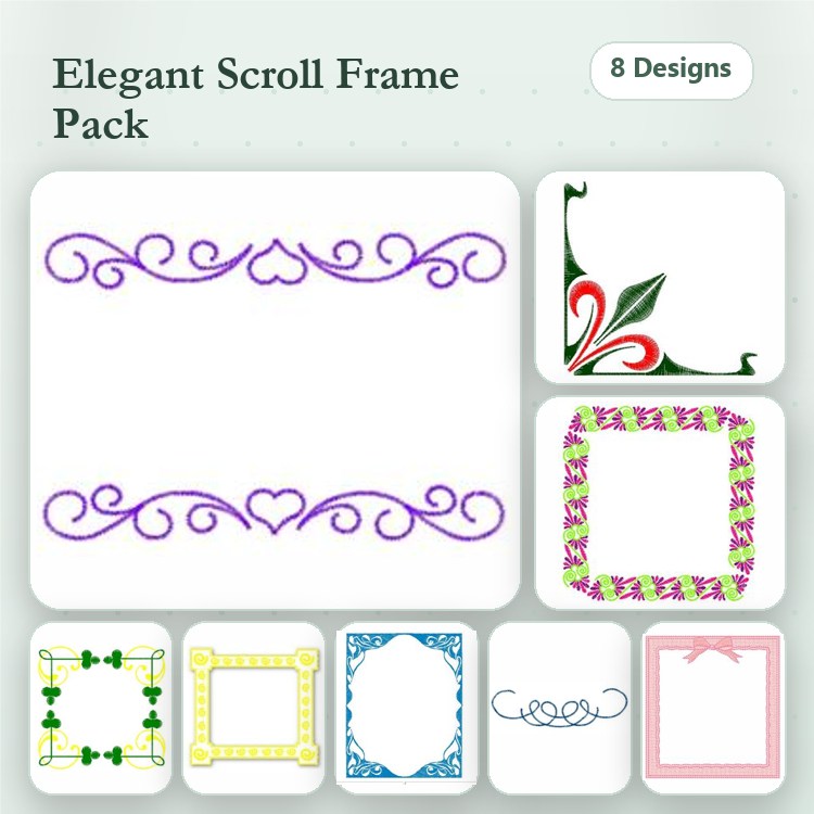 Elegant Scroll Frames Embroidery Bundle – Purple, Floral, Green & More (8 Designs)