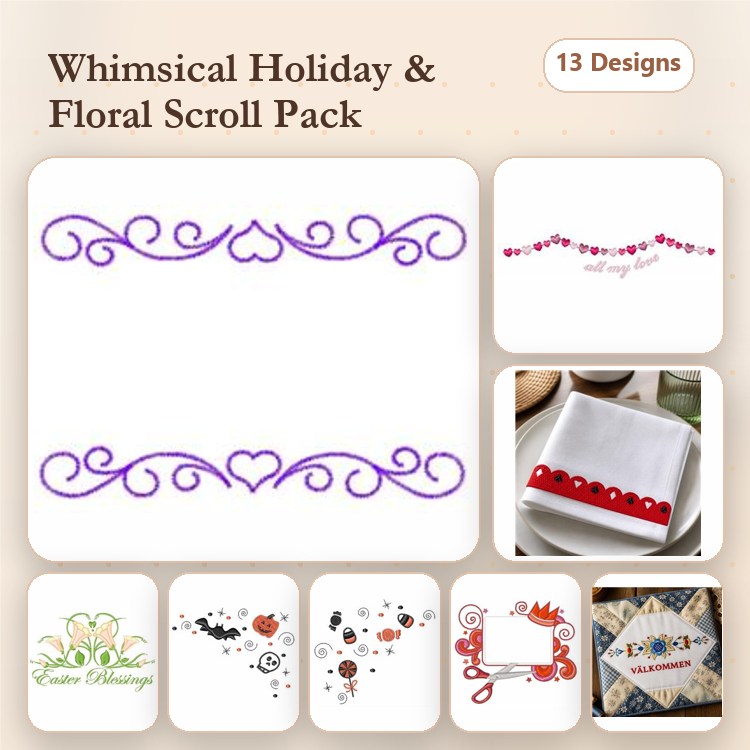 Floral & Holiday Scrolls Embroidery Designs Bundle – Floral Scrolls, Heart Scroll, Holiday Scrolls & More (13 Designs)
