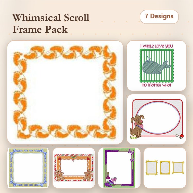 Whimsical Frame Embroidery Designs Bundle – Orange Scroll, Green Whale Love, Pink Dog & More (7 Designs)