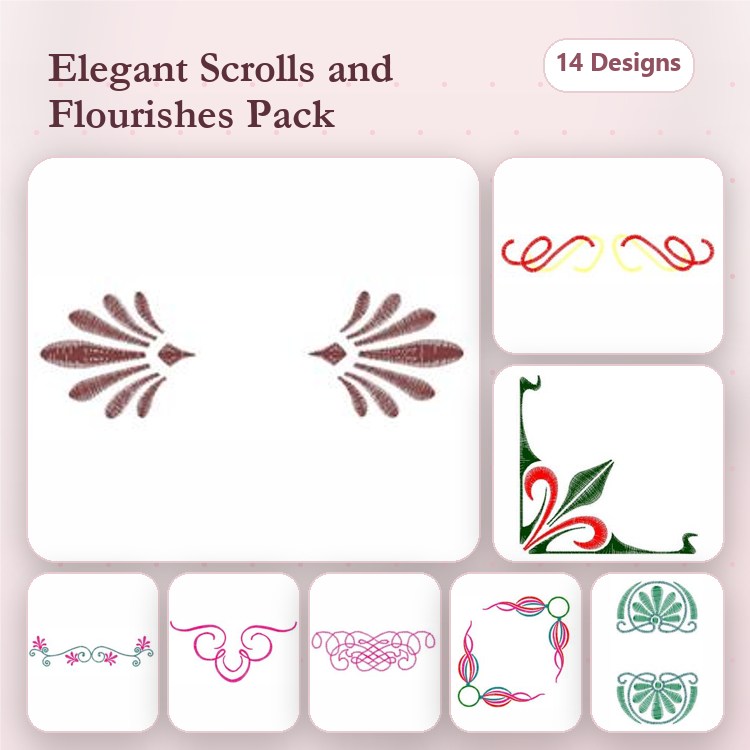 Elegant Scrolls & Flourishes Embroidery Designs Bundle – Scroll Design 1, Flourish Design 1, Ornamental Border & More (14 Designs)