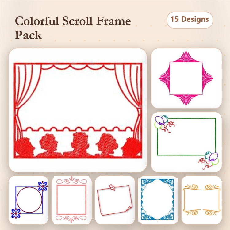 Redwork Colorful Scroll Frame Embroidery Designs Bundle – Scroll Frame with Curtains, Ornate Frame & More (15 Designs)
