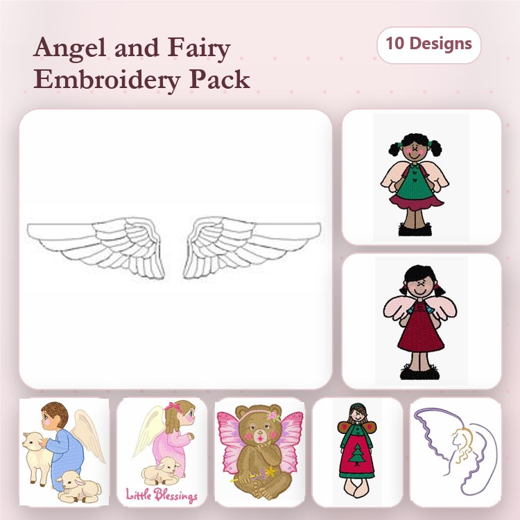Angels & Fairies Embroidery Designs Bundle – Angel with Wings, Fairy with Dress, Girl with Wings & More (10 Designs)