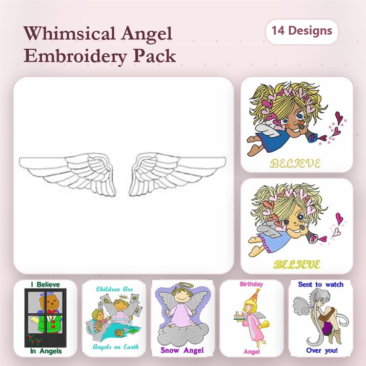Angels Embroidery Designs Bundle – Angel with Wings, Child with Angel, Singing Angel & More (14 Designs)