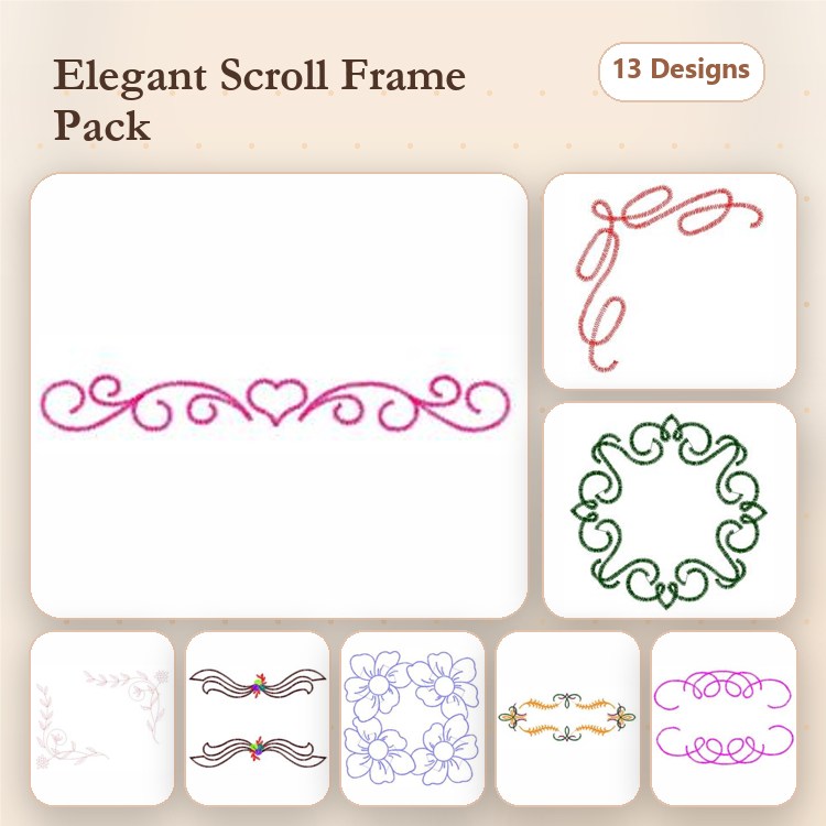 Elegant Scroll Embroidery Designs Bundle – Scroll Frame with Heart, Floral Scroll, Bow Scroll & More (13 Designs)