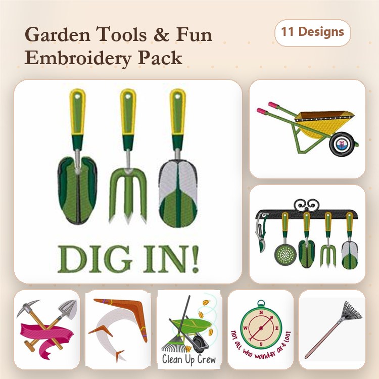 Garden Tools Embroidery Designs Bundle – Fork, Trowel, Snail with Shovel & More (11 Designs)