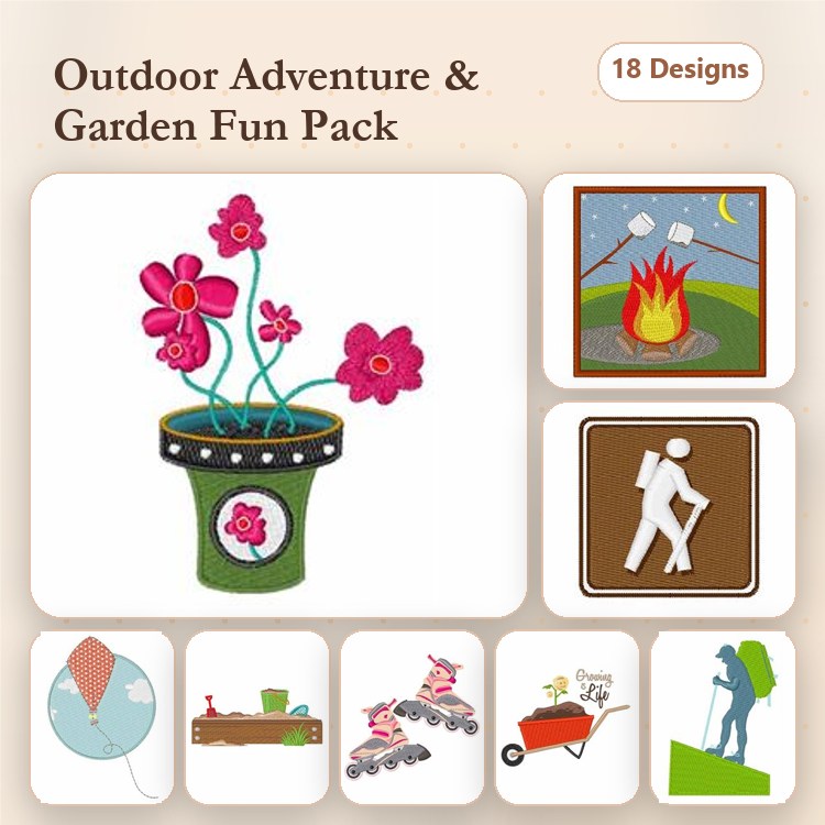 Outdoor Activities & Gardening Embroidery Designs Bundle – Flower Pot, Campfire, Hiking Icon & More (18 Designs)