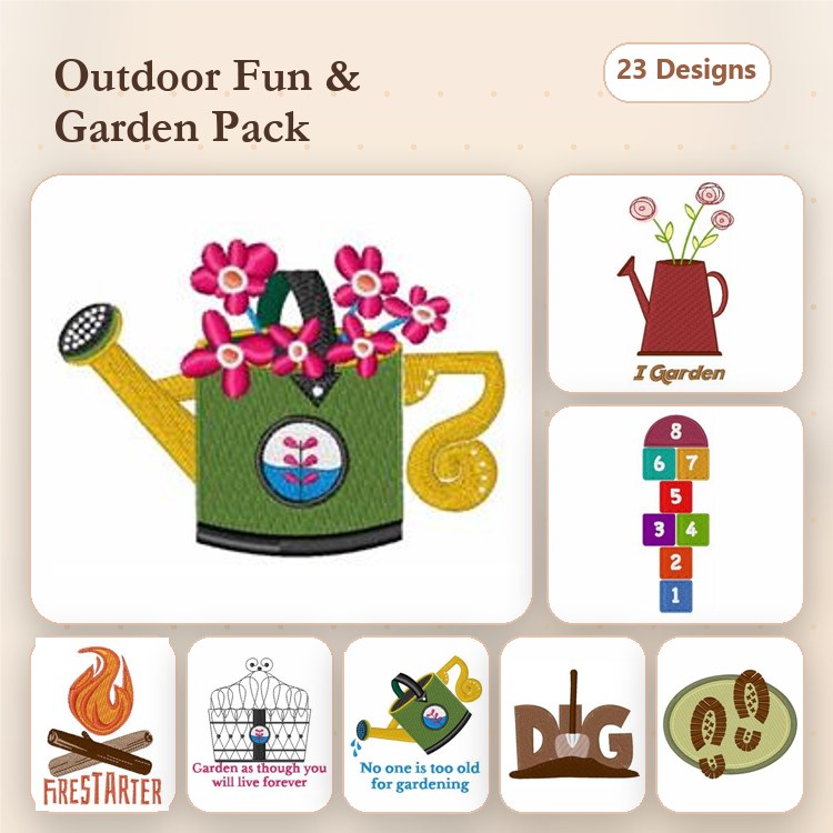 Gardening Theme Embroidery Designs Bundle – Watering Can with Flowers, Gardener's Tools, Cute Snail & More (23 Designs)