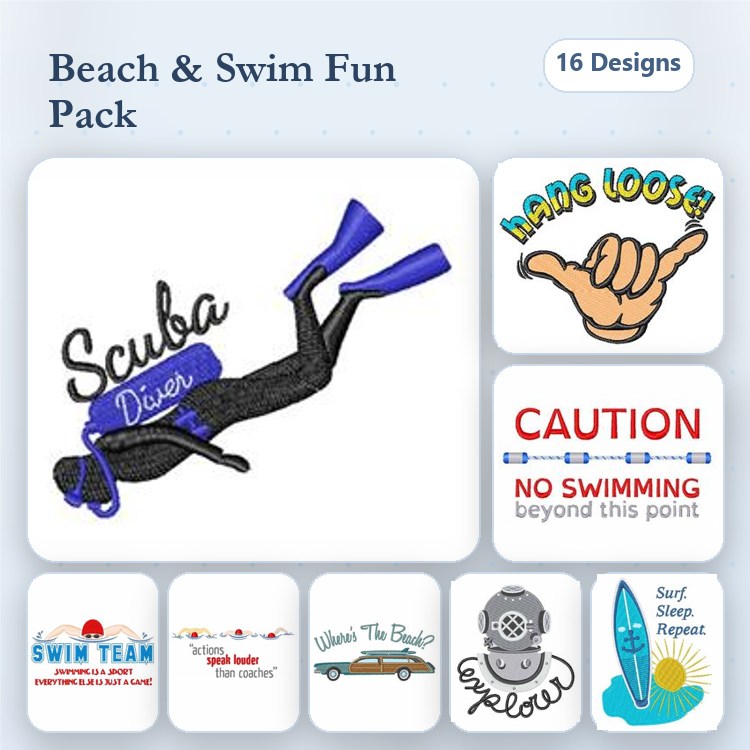Beach and Swim Embroidery Designs Bundle – Scuba Diver, Surfing Hand Gesture, Relax & More (16 Designs)