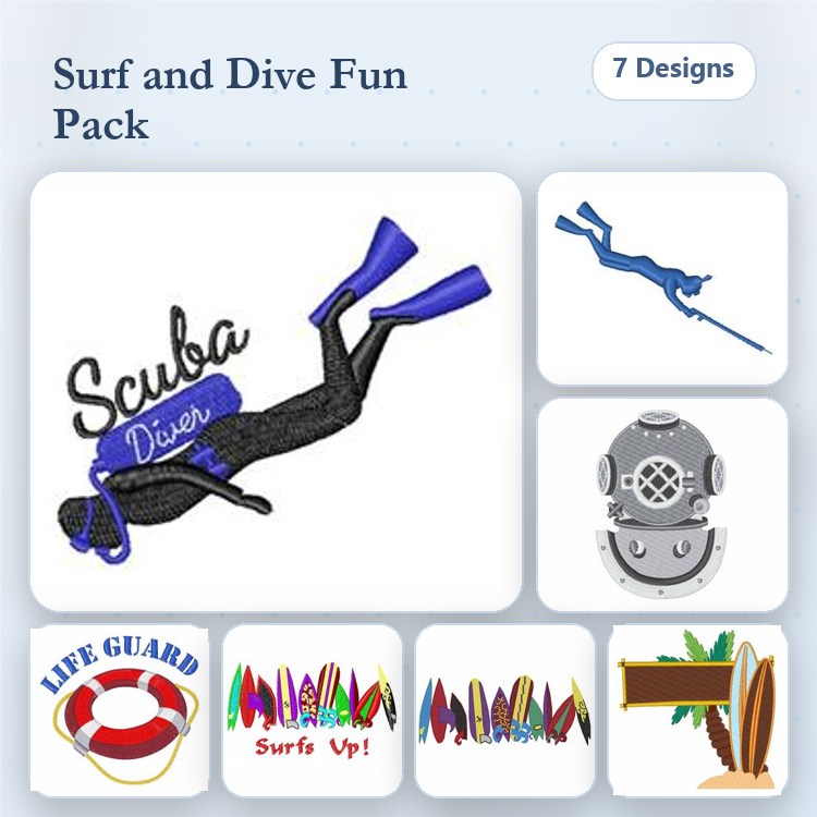 Surfing & Diving Embroidery Designs Bundle – Scuba Diver, Diving Helmet, Surf's Up Text & More (7 Designs)
