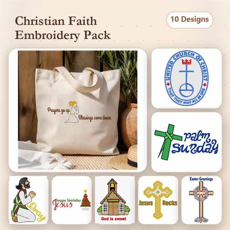 Christian Faith Themes Embroidery Designs Bundle – Jesus Silhouette, Cross with Text, Church Building & More (10 Designs)