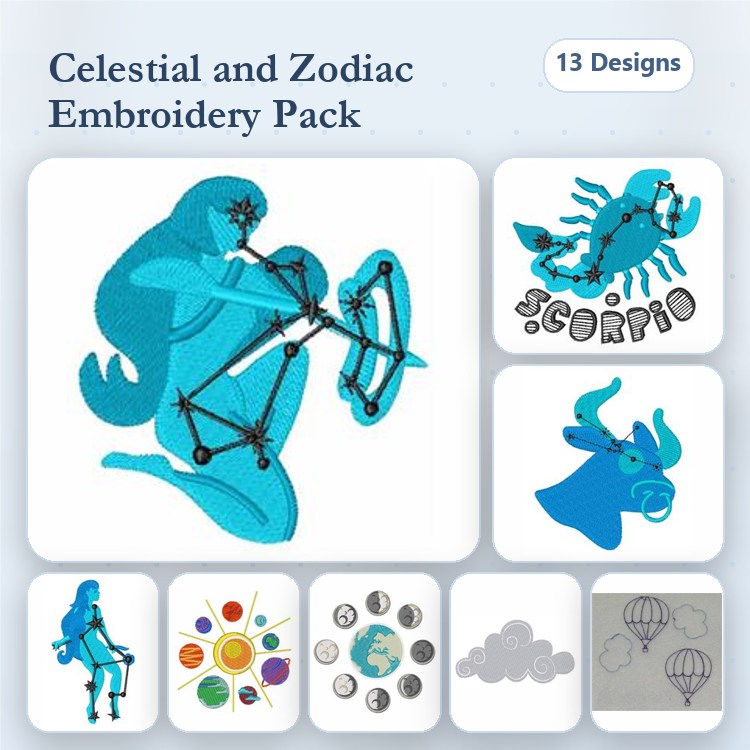 Celestial & Zodiac Embroidery Designs Bundle – Sagittarius, Scorpio, Taurus & More (13 Designs)