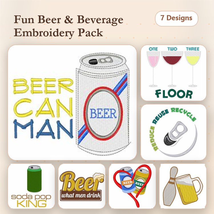 Beer & Beverage Embroidery Designs Bundle – Beer Can Man, Soda Pop King, Wine Glasses & More (7 Designs)