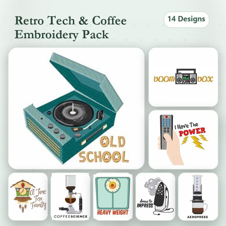 Coffee & Retro Tech Embroidery Designs Bundle – Old School Record Player, Boom Box, Coffee Sign & More (14 Designs)
