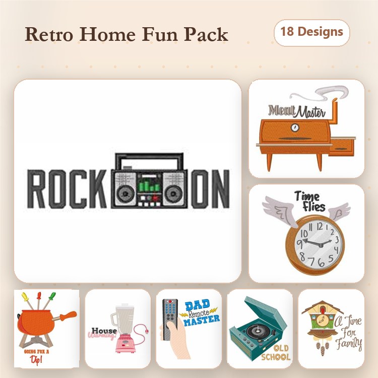 Retro Home Embroidery Designs Bundle – Rock On, Old School Record Player, Time Flies Clock & More (18 Designs)