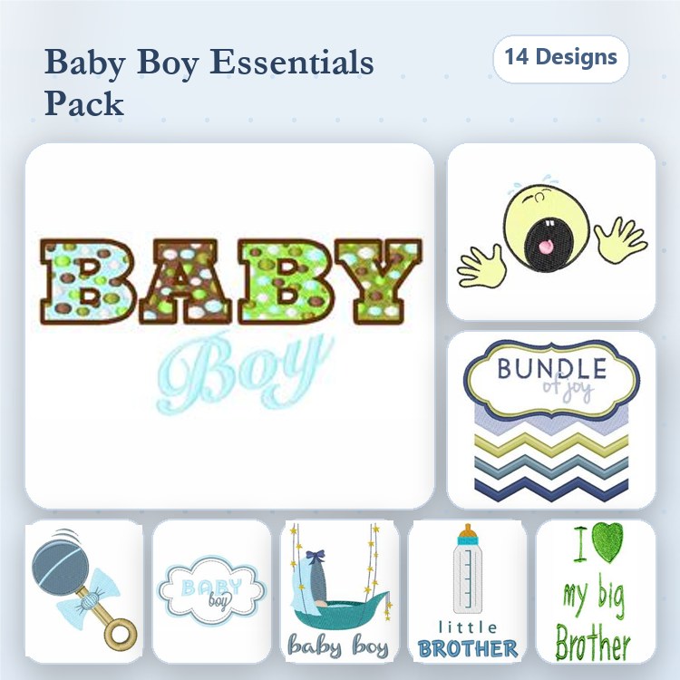Baby Boy Embroidery Designs Bundle – Bundle of Joy, Crying Baby Face, Baby Rattle & More (14 Designs)