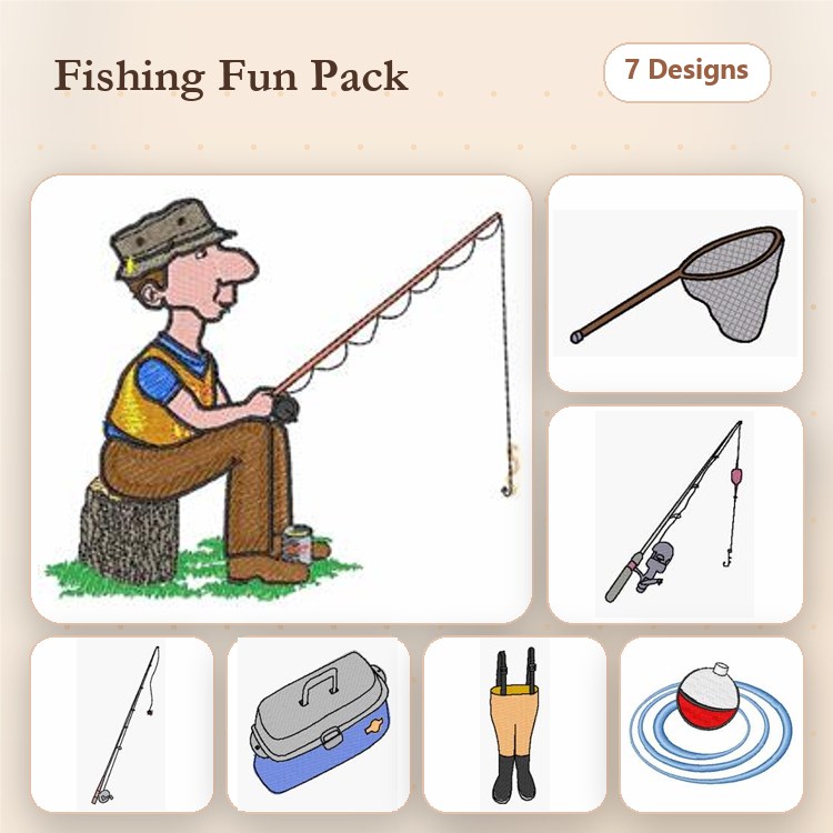 Fishing Themed Embroidery Designs Bundle – Fisherman Sitting, Fishing Rod, Tackle Box & More (7 Designs)