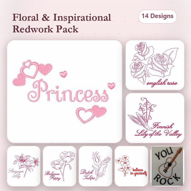 Redwork Floral and Inspirational Quotes Embroidery Designs Bundle – Princess with Hearts, English Rose, Pink Lily & More (14 Designs)