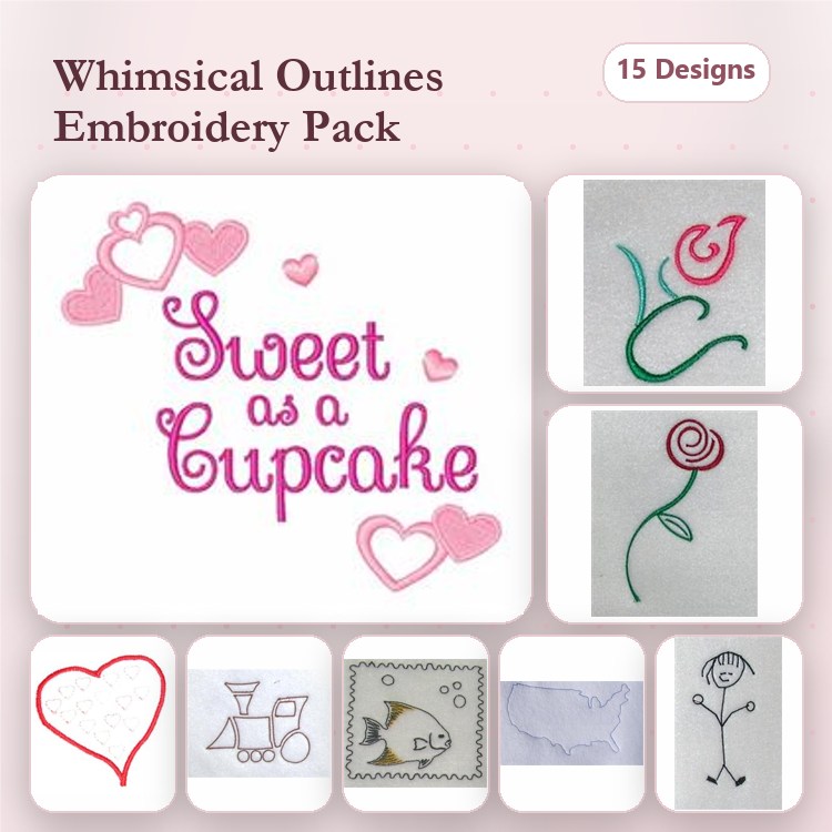 Redwork Whimsical Outlines Embroidery Designs Bundle – Sweet as a Cupcake, Heart Illustration, Rose Outline & More (15 Designs)