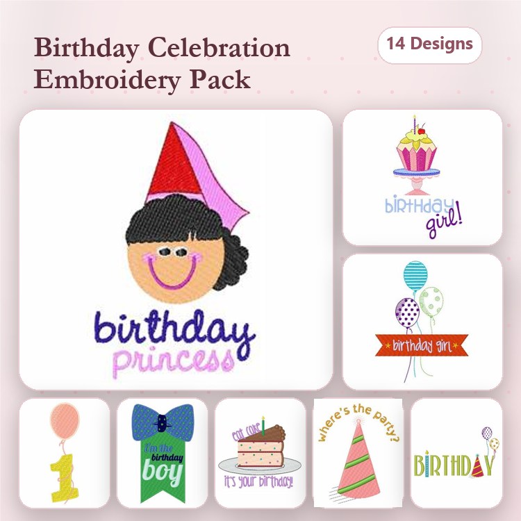 Birthday Celebration Embroidery Designs Bundle – Birthday Princess, Cupcake, Birthday Girl & More (14 Designs)