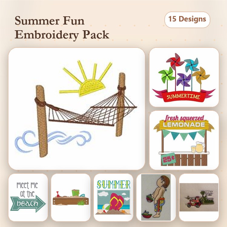 Summer-Themed Embroidery Designs Bundle – Hammock with Sun, Fresh Squeezed Lemonade, Pinwheel & More (15 Designs)