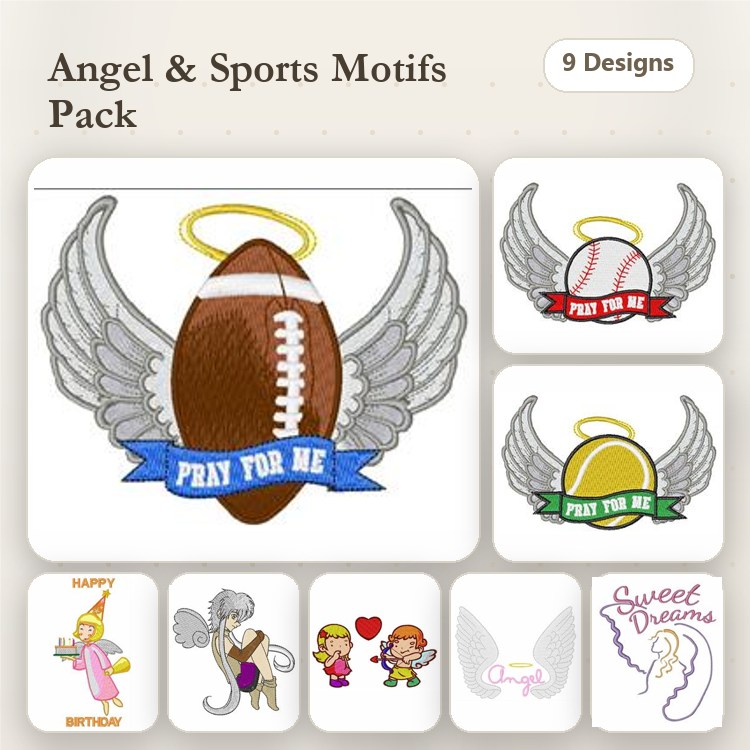 Angel & Sports Embroidery Designs Bundle – Football with Wings, Baseball with Wings, Tennis Ball with Wings & More (9 Designs)