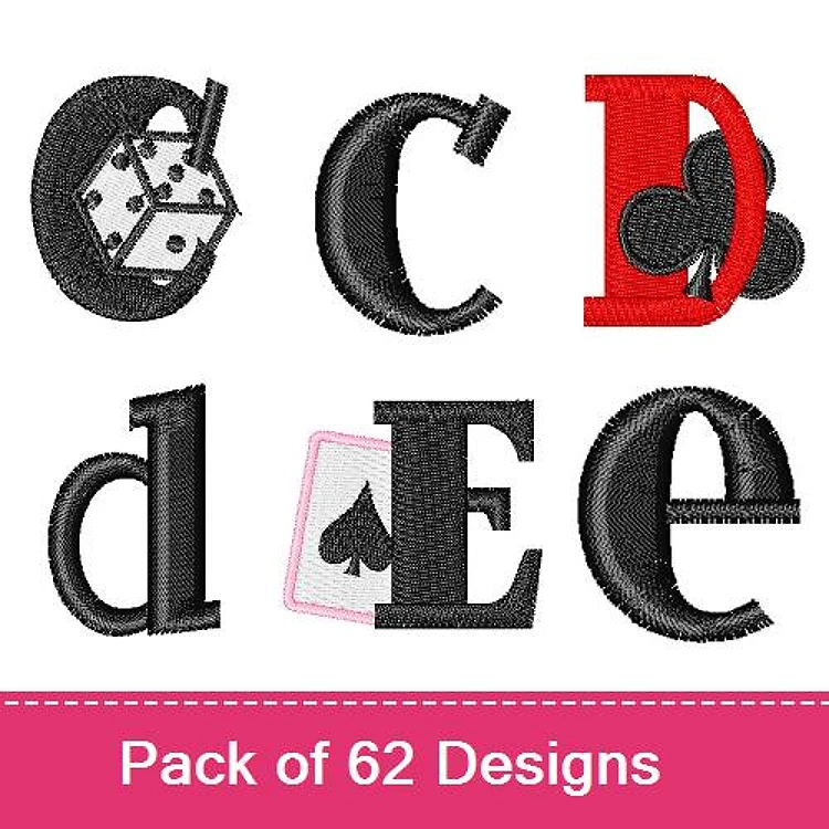 Playing Card Themed Letters Embroidery Designs Bundle – C Letter with Dice, D Letter with Club Symbol, E Letter with Heart Symbol & More (62 Designs)
