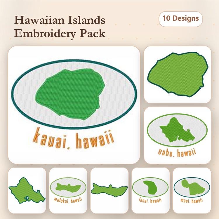 Hawaiian Islands Embroidery Designs Bundle – Kauai Outline, Oahu Outline, Hawaii Outline, Maui Outline & More (10 Designs)