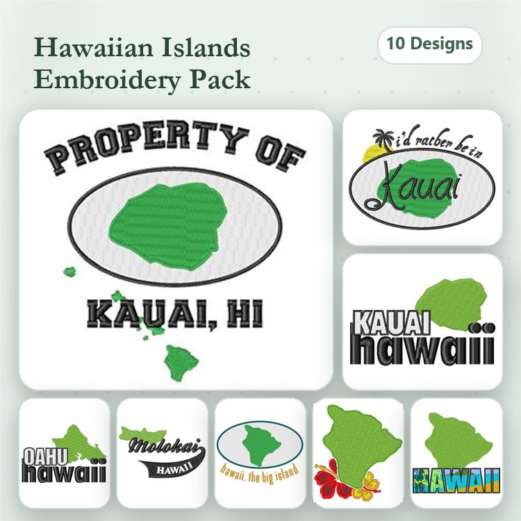 Hawaiian Islands Embroidery Designs Bundle – Kauai State Map, Oahu Hawaii, I'd Rather Be in Kauai & More (10 Designs)