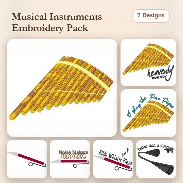 Musical Instruments Embroidery Designs Bundle – Pan Flute, Heavenly Sound, I Love the Pan Pipes & More (7 Designs)