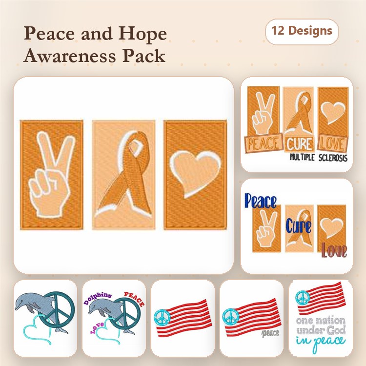 Awareness Symbols Embroidery Designs Bundle – Peace Sign, Awareness Ribbon, Hope Ribbon & More (12 Designs)