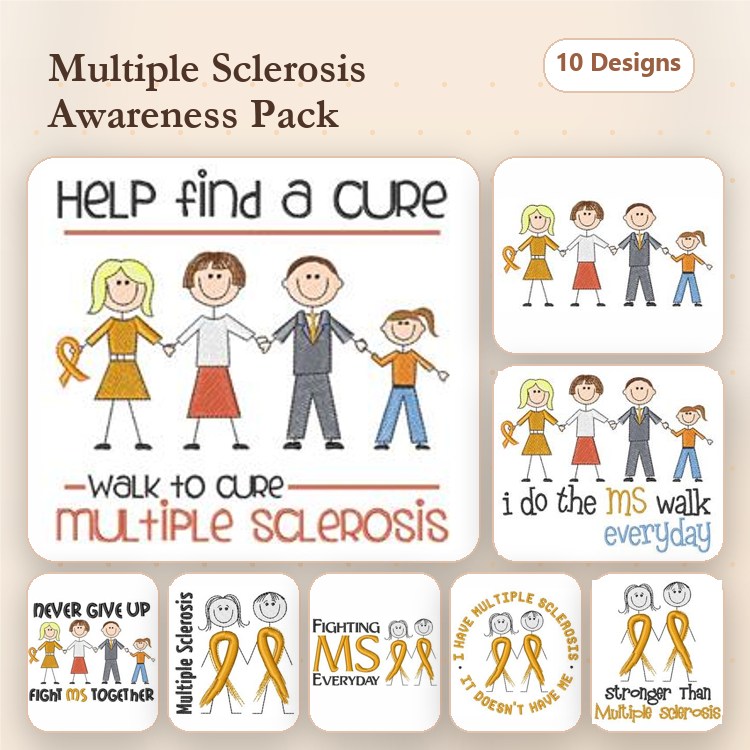 Multiple Sclerosis Awareness Embroidery Designs Bundle – Help Find a Cure, Never Give Up, Team MS & More (10 Designs)