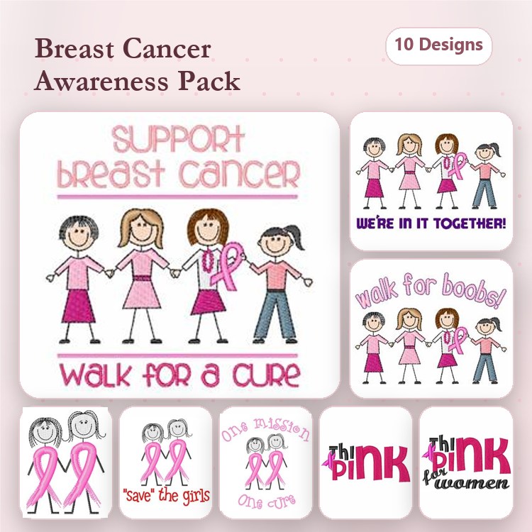 Breast Cancer Awareness Embroidery Designs Bundle – Support Breast Cancer, Walk for a Cure, Save the Girls & More (10 Designs)
