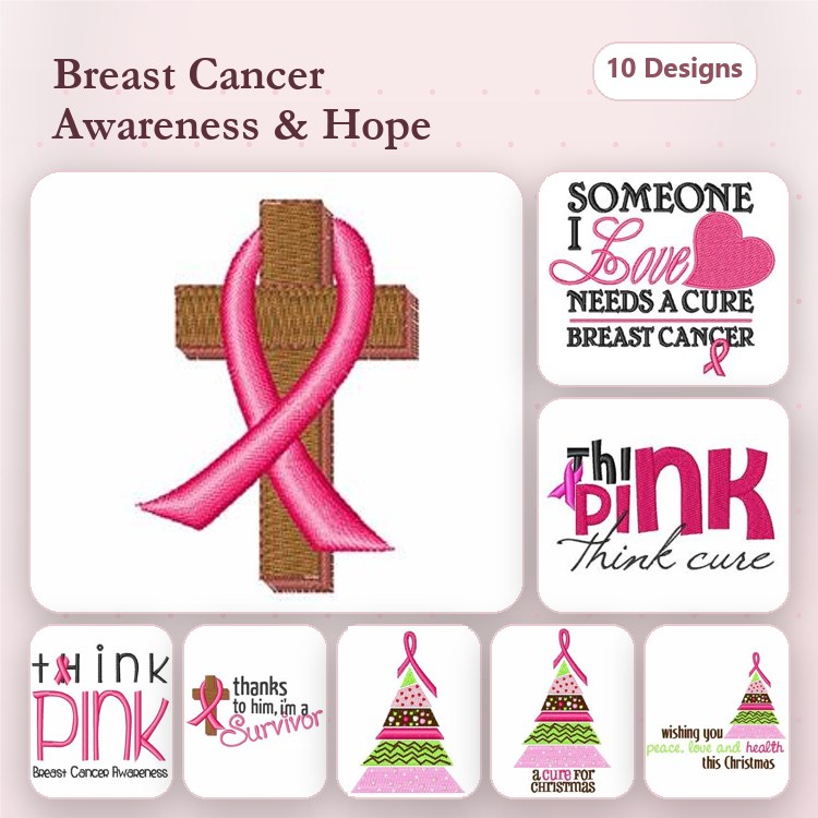 Breast Cancer Awareness Embroidery Designs Bundle – Pink Ribbon Cross, Think Pink Logo, & More (10 Designs)