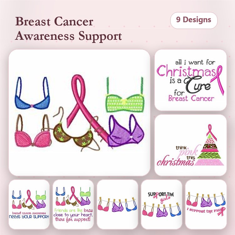Breast Cancer Awareness Embroidery Designs Bundle – Bra with Pink Ribbon, Christmas Tree with Ribbon, Think Pink & More (9 Designs)