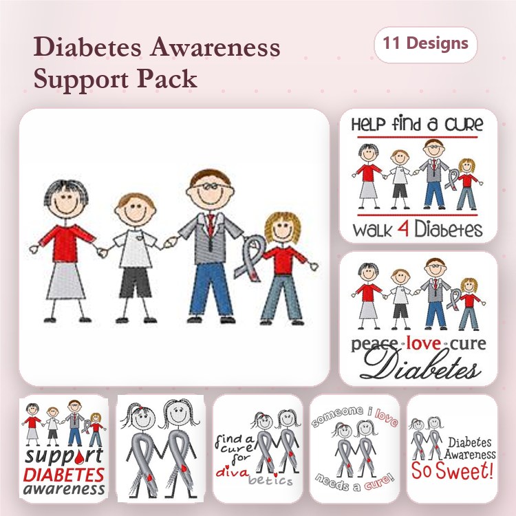 Diabetes Awareness Support Embroidery Designs Bundle – Help Find a Cure, Peace Love Cure Diabetes, Family with Diabetes Ribbon & More (11 Designs)