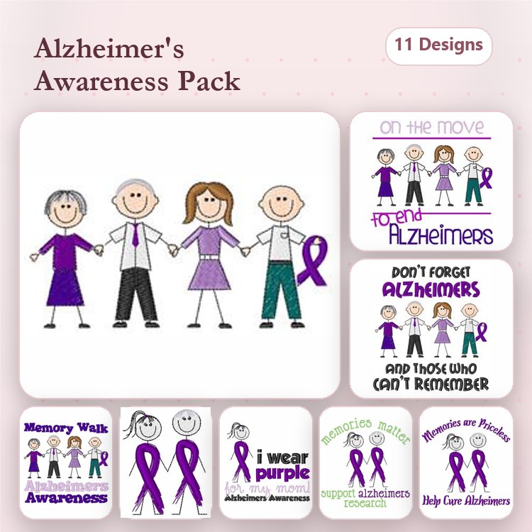 Alzheimer's Awareness Embroidery Designs Bundle – I Wear Purple, Memory Walk Awareness, & More (11 Designs)