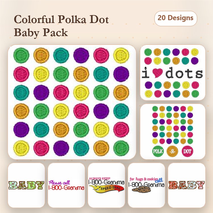 Colorful Polka Dot Embroidery Bundle – I Love Dots, Polka Dot Baby, Baby Announcement Text & More (20 Designs)