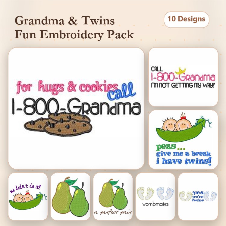 Grandma & Twins Embroidery Designs Bundle – Call 1-800-Grandma, For Hugs and Cookies, Give Me a Break, I Have Twins & More (10 Designs)