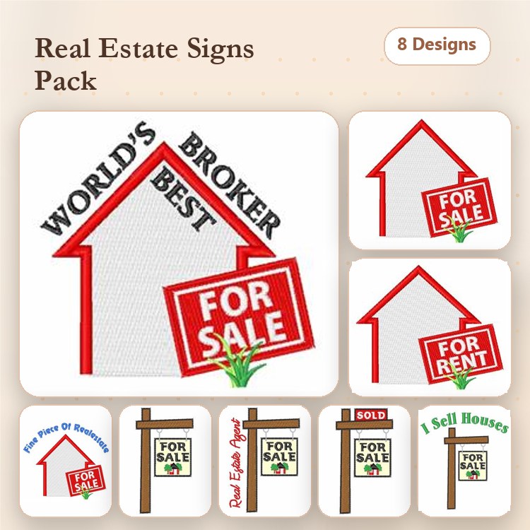 Real Estate Sign Embroidery Designs Bundle – For Sale, For Rent, Broker Sign & More (8 Designs)