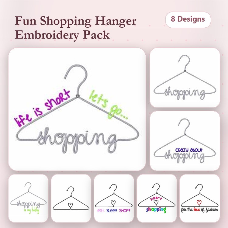 Shopping Hanger Embroidery Designs Bundle – Life is Short, Let's Go, Crazy Bold & More (8 Designs)