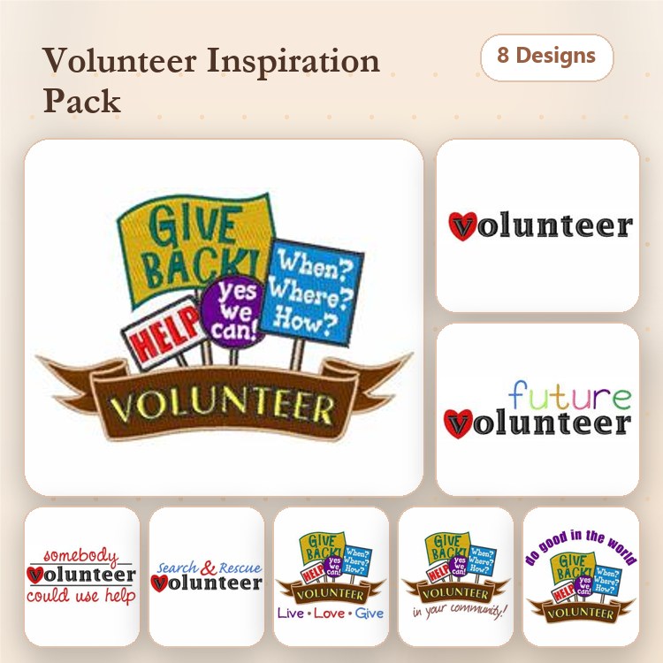 Community Service Embroidery Designs Bundle – Give Back Sign, Help Sign, Volunteer Banner & More (8 Designs)